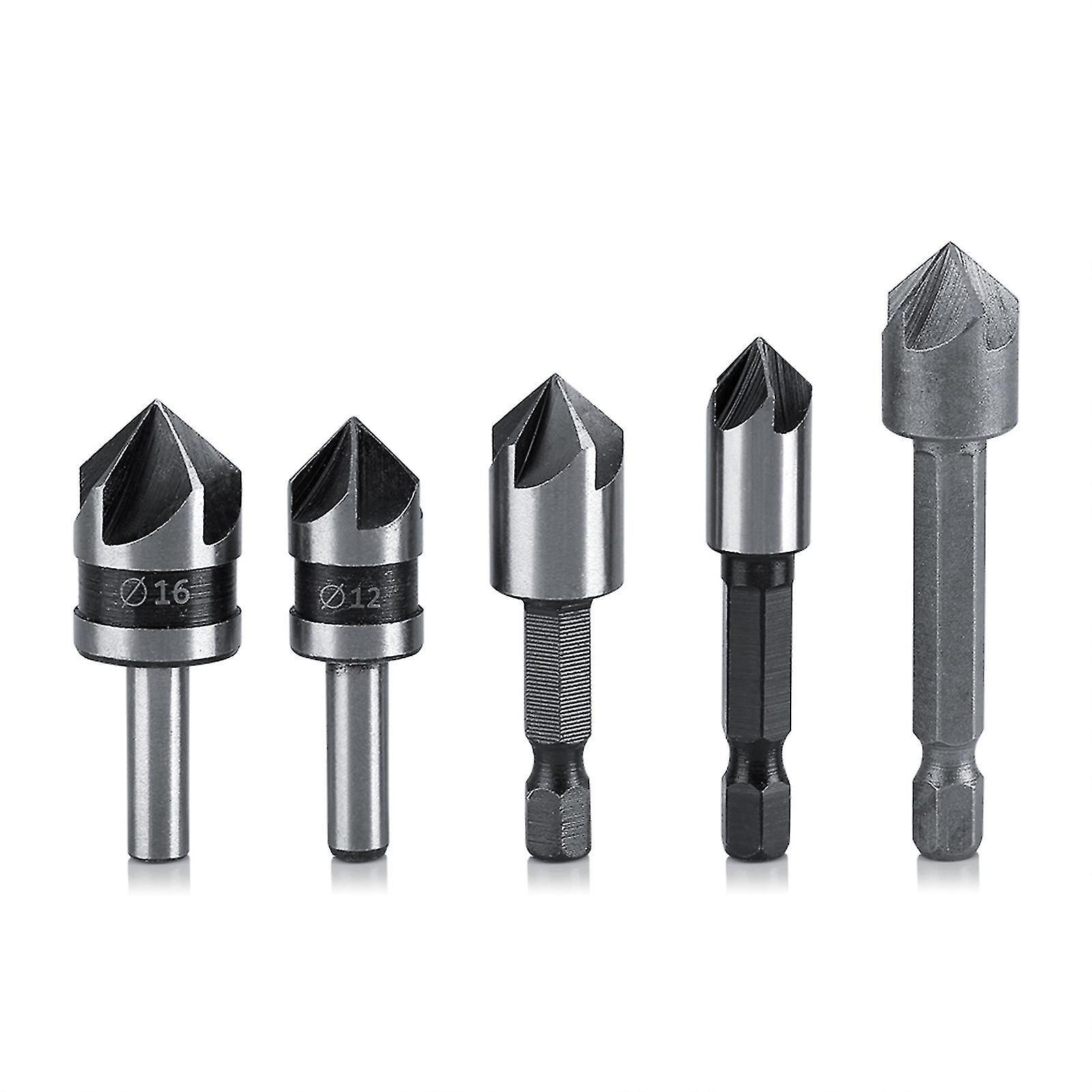 High Speed Steel Countersink Drill Set - 5 Flutes Woodworking Chamfer Cutter, 5pcs, Industrial Quality