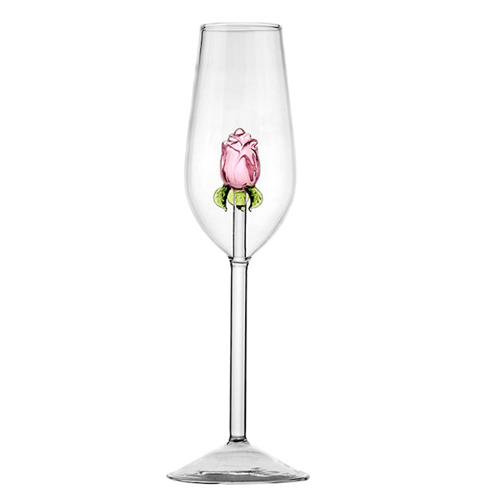 3D Creative Drinking Goblet with Rose Inside, Stemmed Fancy Wine Glasses, Unique Romantic Flower Cocktail Glassware