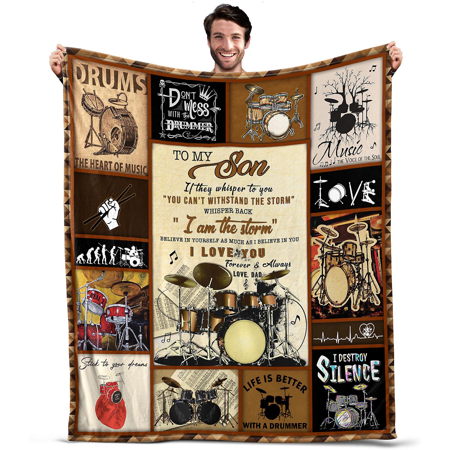 Oasisdream Throw Blanket To My Son for Sofa, Office, Outdoor Use, Birthday Gift for Him with Drum Set Print