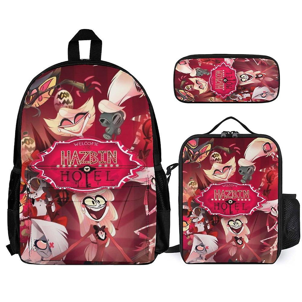 Hazbin-hotellin reput 3-osainen setti lasten kirjalaukku Koululaukku lounaspussilla ja penaalilla