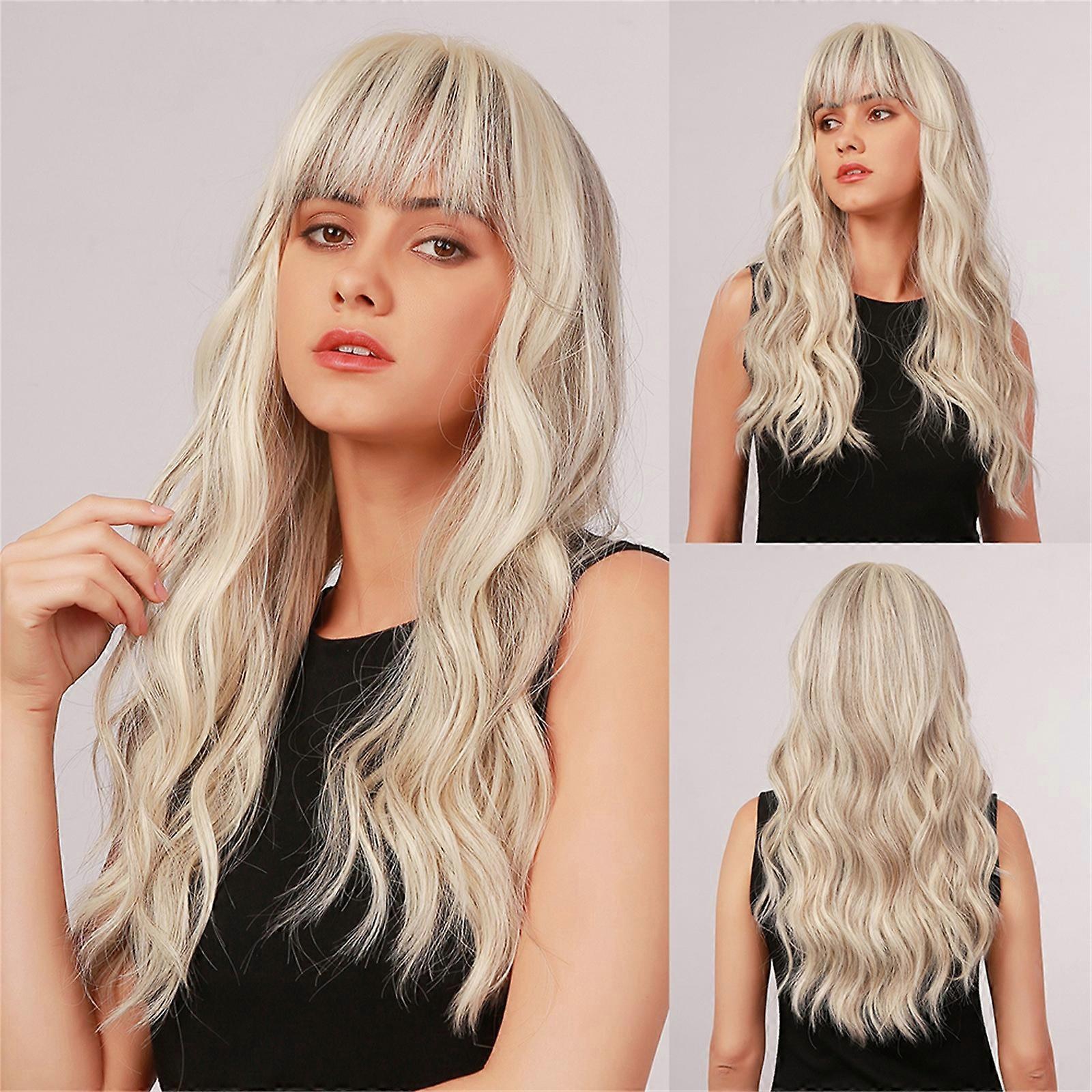 56cm High Temperature Silk Wig Long Curly Golden Gray With Rose Net