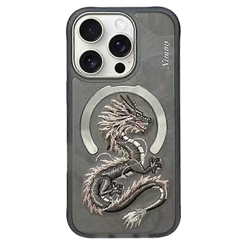 For iPhone 16 Pro Max Magnetic Case Embroidery PU Leather Back Cover - Golden Dragon