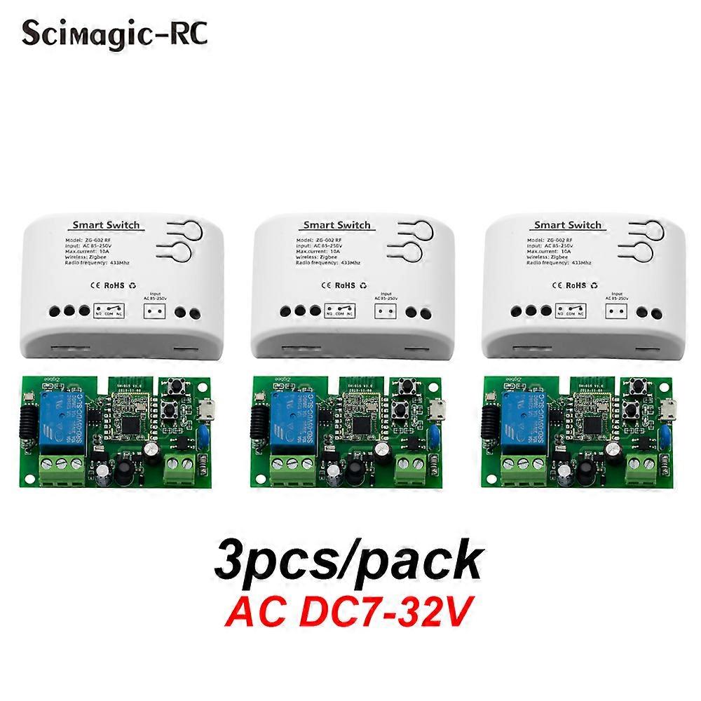 3PCS Smart Relay Module On Off Controller 1CH DC5V 7-32V AC 220V RF433Mhz Tuya Remote Control Light Switch Work for Alexa