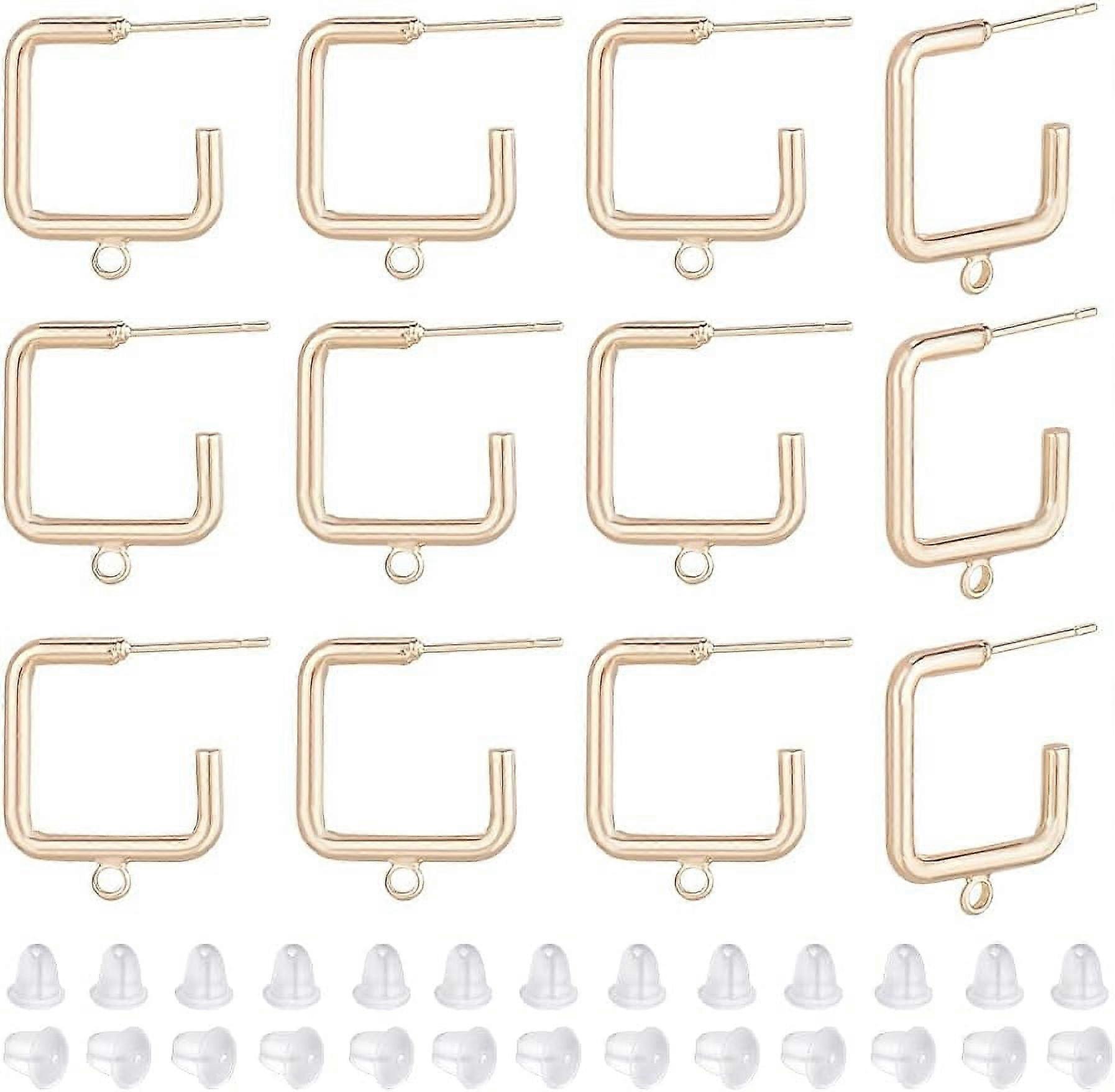 16Pcs 18K Gold Plated Square Earring Studs Brass Open Hoop Earring Stud with Loops and 40Pcs Plastic Ear Nuts for DIY Jewelry Making Findings 19x16x2m