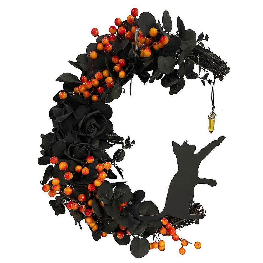 ハロウィーンのドアの花輪ムーンキャットの花輪とローズゴシック様式の花輪屋内屋外の壁の窓の正面玄関ポーチのマントルハロウィーン