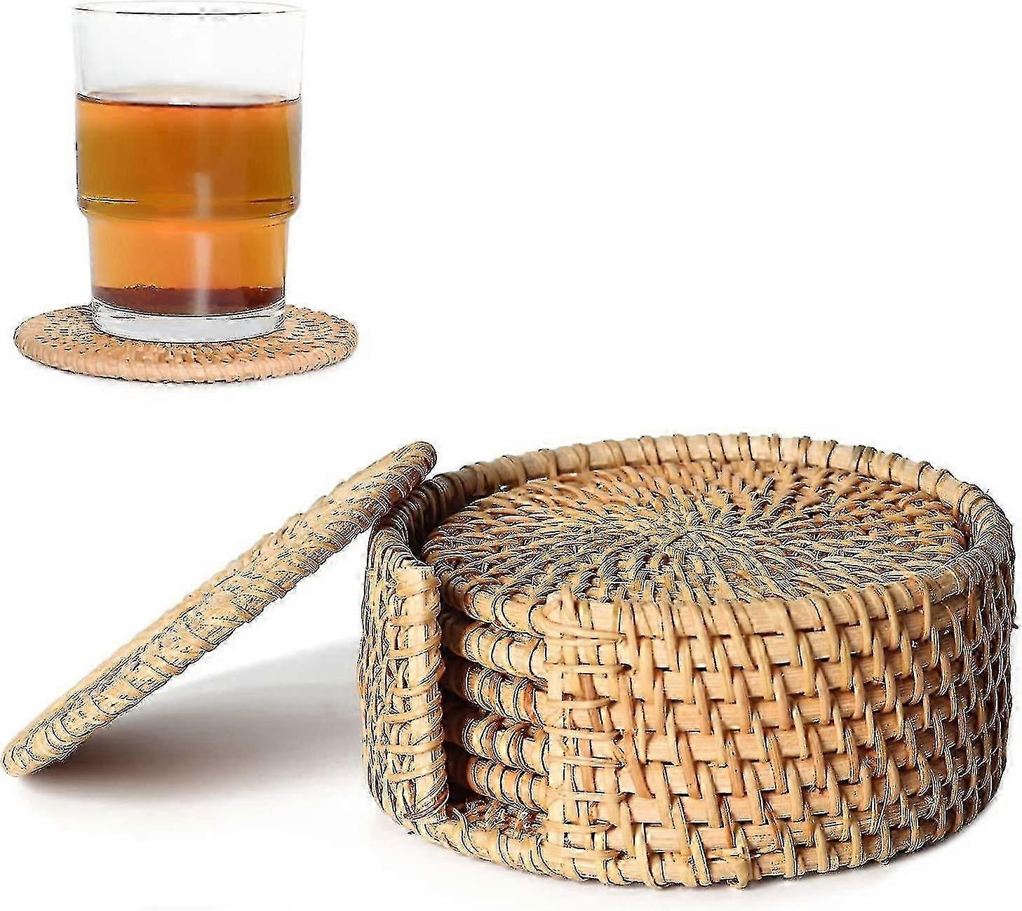 Ulable Set Of 6 Rattan Weave Cup Mat Hand-made Crafts Rattan Coasters Coasters For Drinks Home Decoration Holder For Kitchen Table Drinks (4 * 4 In) -