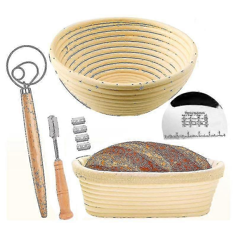 Bread Proofing Basket Set Of 2 With Starter Kit-round And Ovel Bread Baking Bowl Tools -bread Lame-