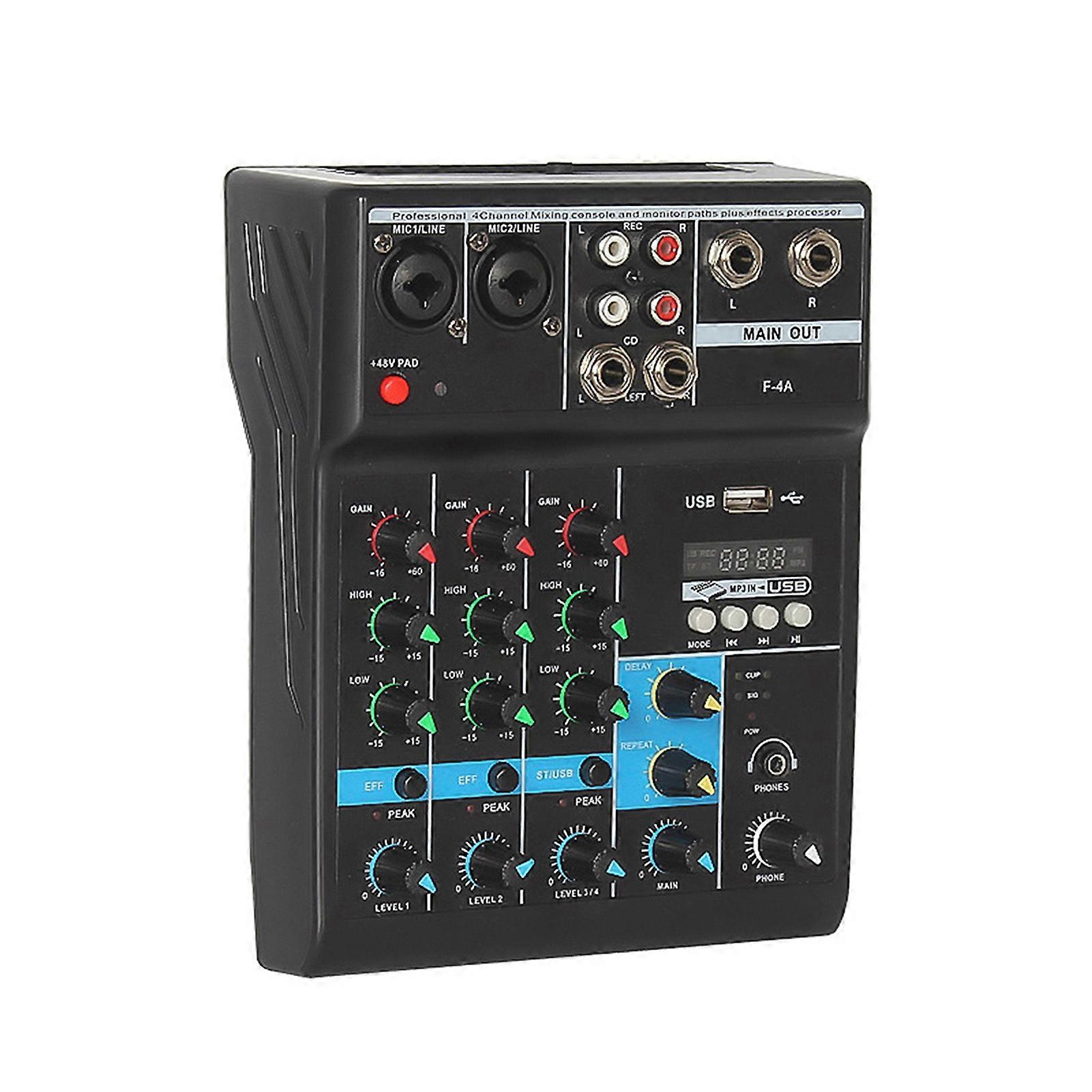Professional 4-Channel Mixing Console Mini USB Mixer with Sound Card Effects Console Computer Tuning Soundcard Mixer with BT Connection Reverb Gain Hi