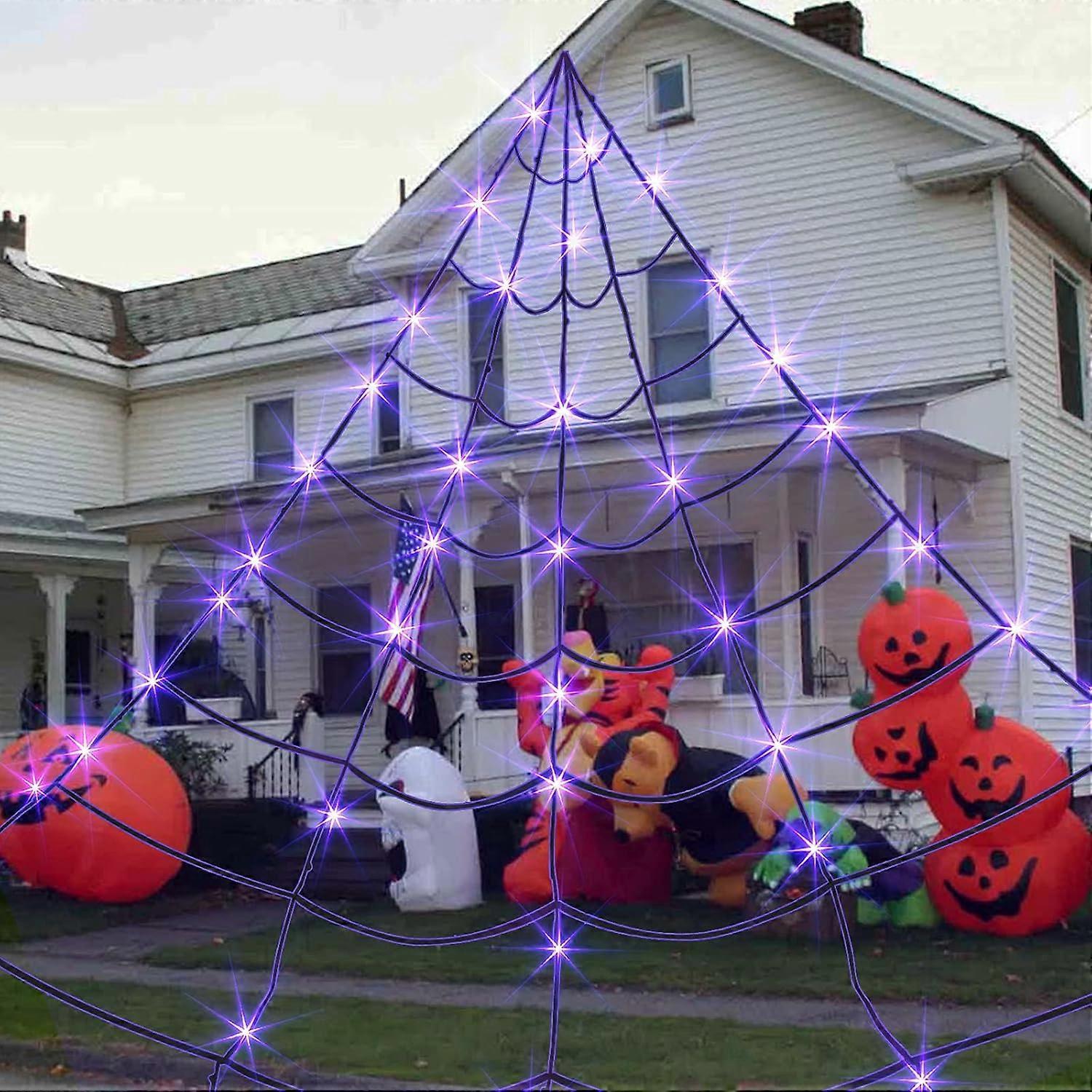Halloween Decorations, Giant Black Spider Web Lighted with 135 LED Purple Lights Cobweb for Halloween Decoration Indoor and Outdoor Party Haunted Man