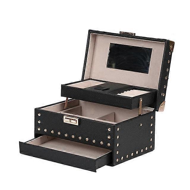 New 3-layer With Lock Pu Leather Earring Ring Display Jewelry Box