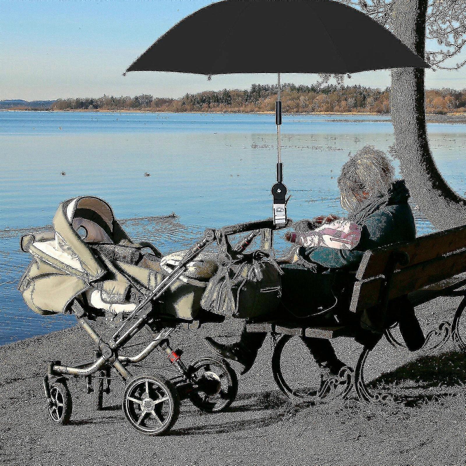 RENXR stoelparasol met klem, universele verstelbare strandstoelparasol, zonnescherm met uv-bescherming, parasol voor wandelwagens, rolstoelen, terrasstoelen, Zwart, L