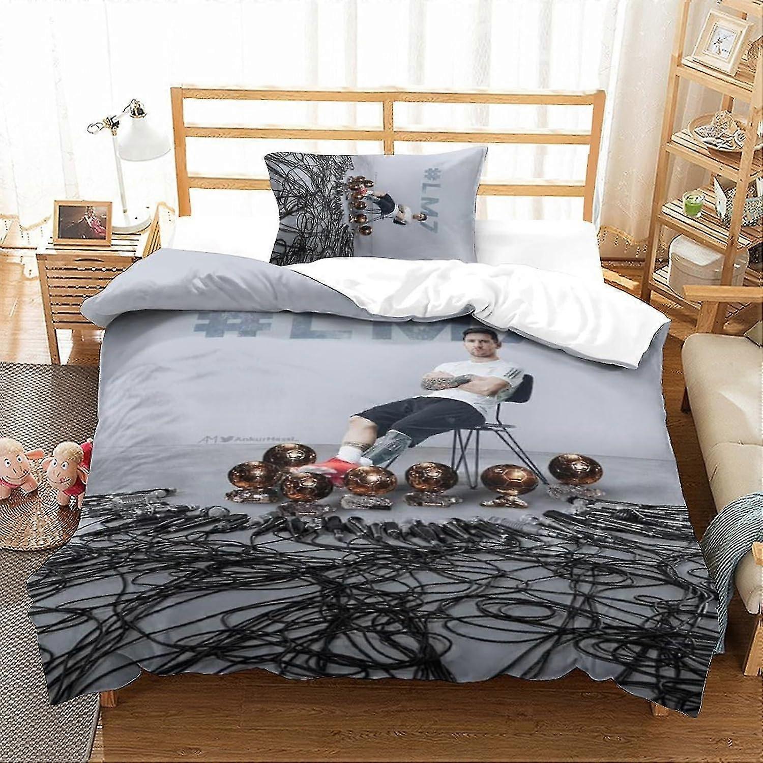 o4398 Lençóis de Cama Lionel Messi Capa de Edredom com Impressão 3D Capa de Colcha de Microfibra com Fecho de Zíper para Crianças Adolescentes Adultos Conjunto de 2 Peças (Estrela do Futebol