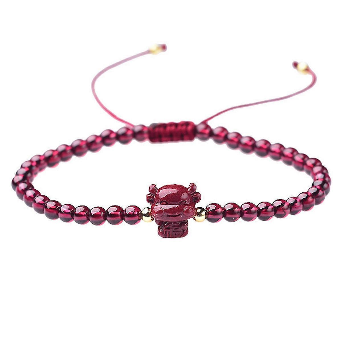 4mm Natrual Round Garnet Beads Bangle Zodiac Cattle Bracelet with Adjustable Handmade Braided Rope for Men and Women