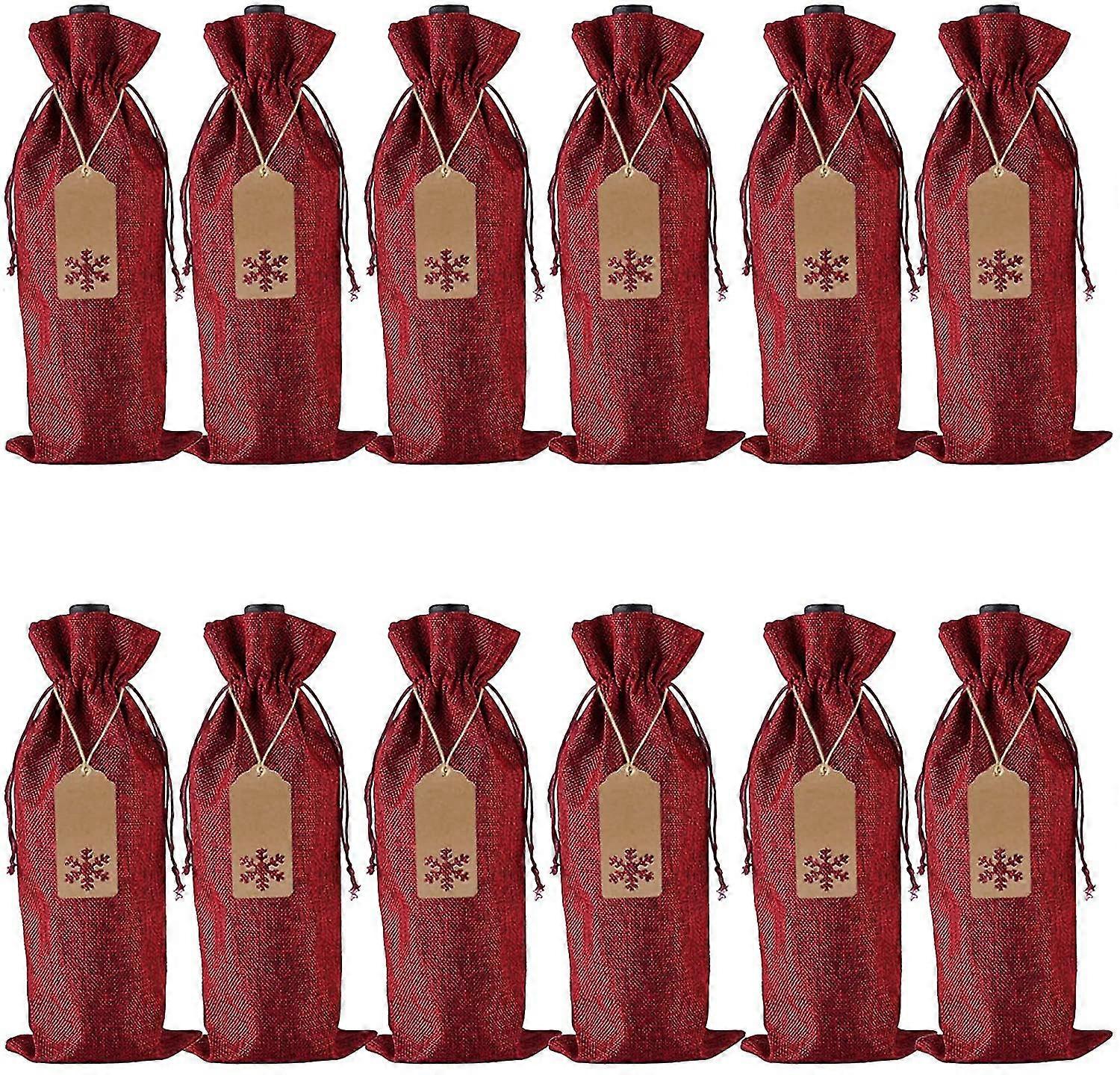 Burlap Wine Gift Bags, 24 Pcs Jute Drawstring Wine Bottle Covers With Ropes And Tags (12pcs Wine Red)
