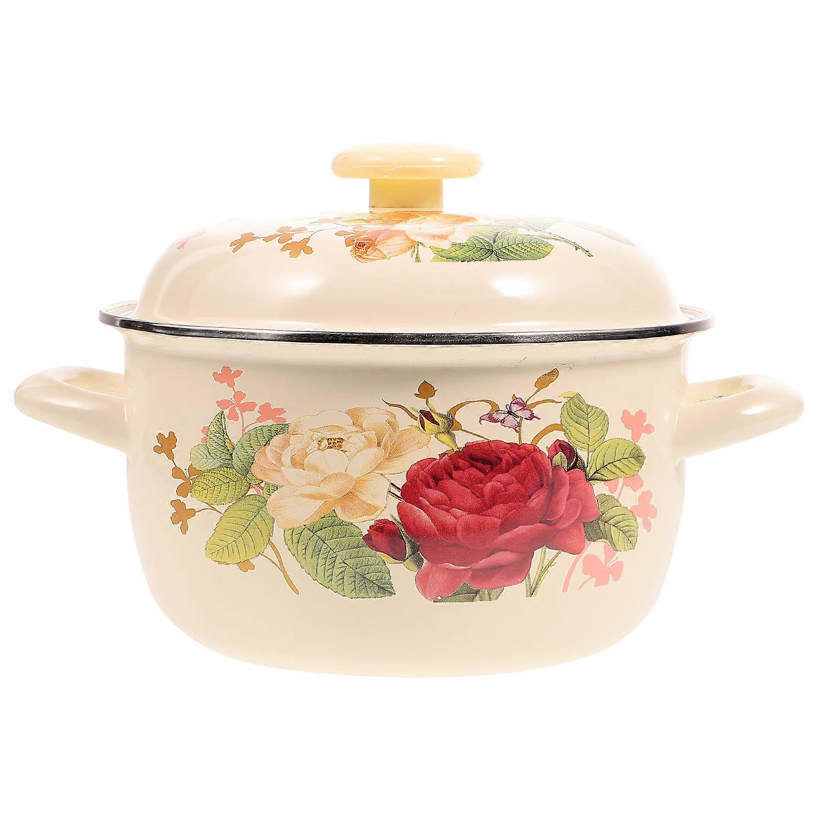 סיר אמייל סיר בישול וינטאג 'סיר תבשיל ידית כפולה סיר מרק ביתי עם מכסה