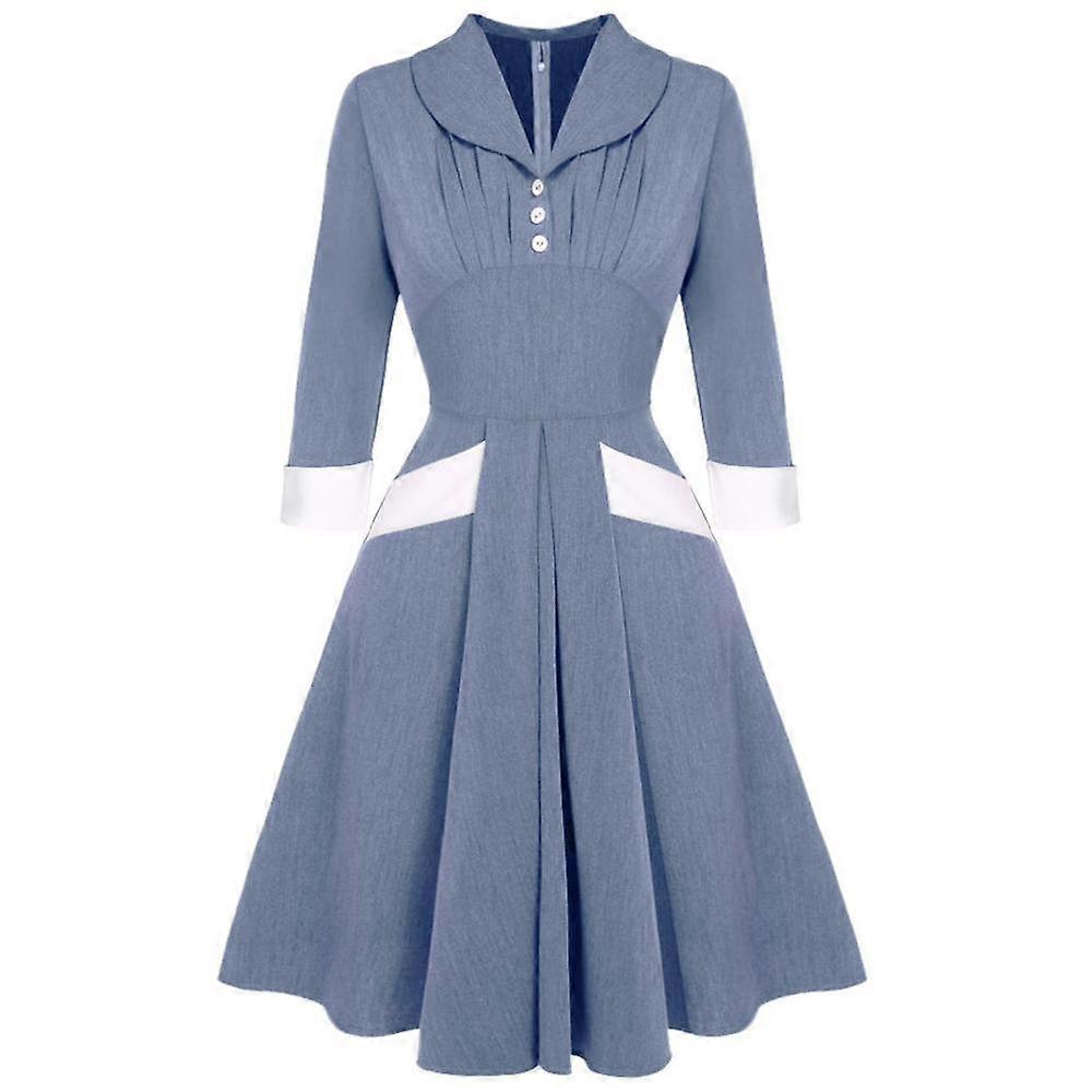 المرأة ميدي سوينغ اللباس في الدنيم الأزرق خمر بيتر عموم طوق ثلاثة أرباع الأكمام فساتين أنيقة الزي