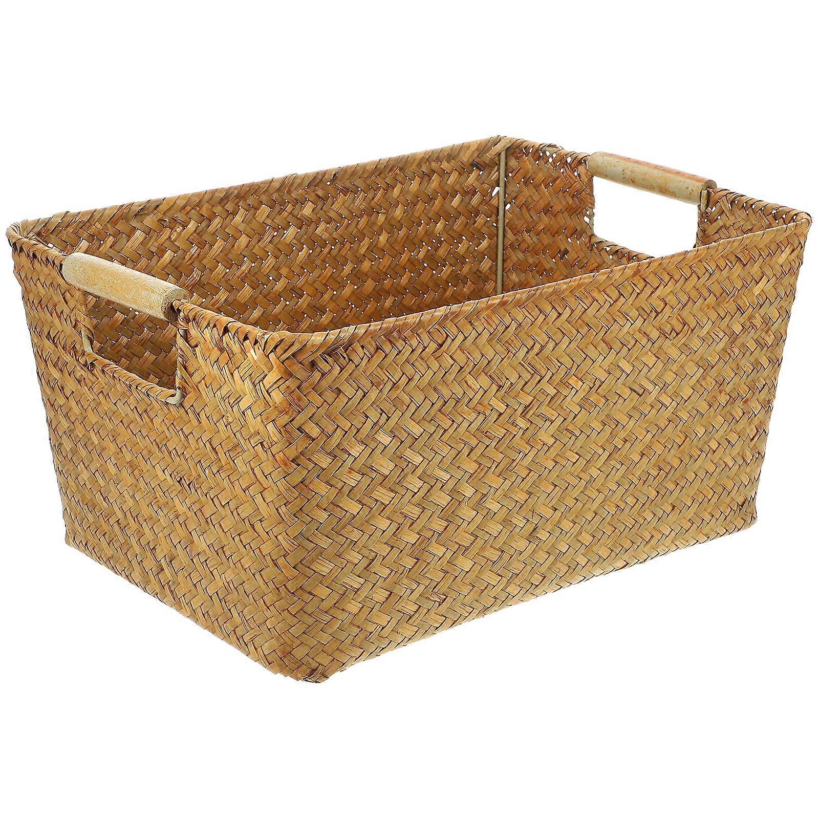 Seagrass Basket with Wood Handle Desktop Basket Rectangular Bathroom Storage Organizer Box