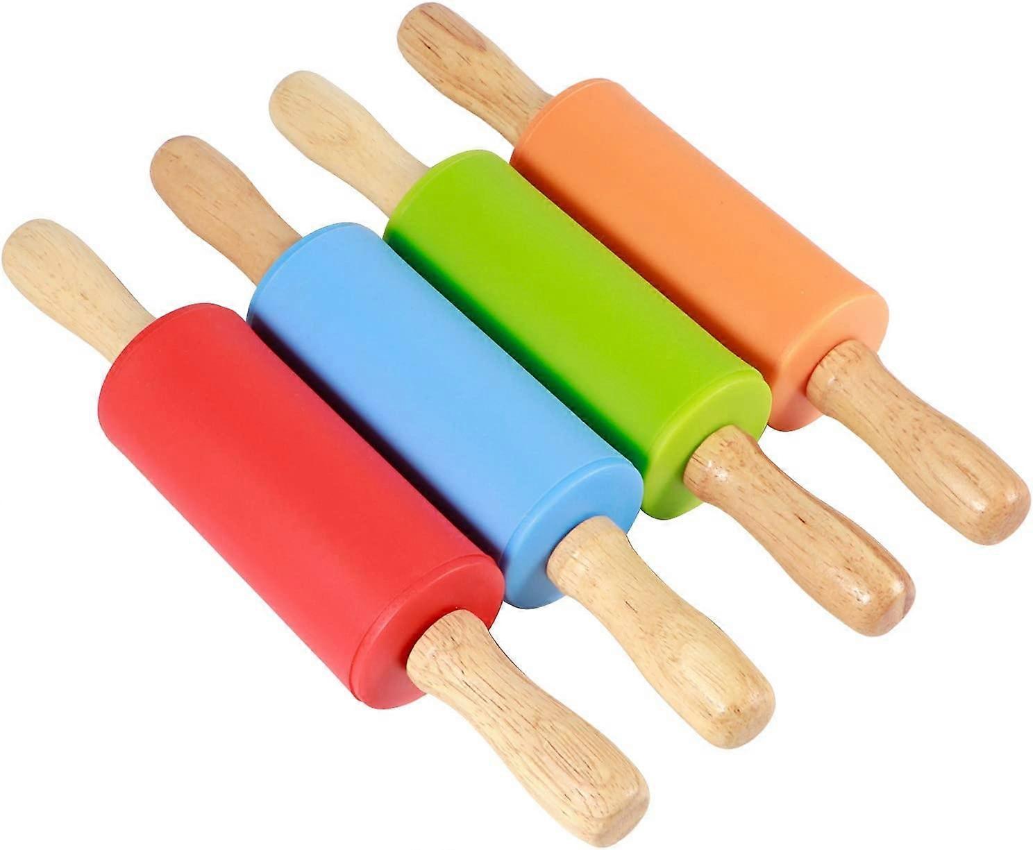 Set van 4 mini siliconen deegrollers, kinderdeegroller met houten handvat