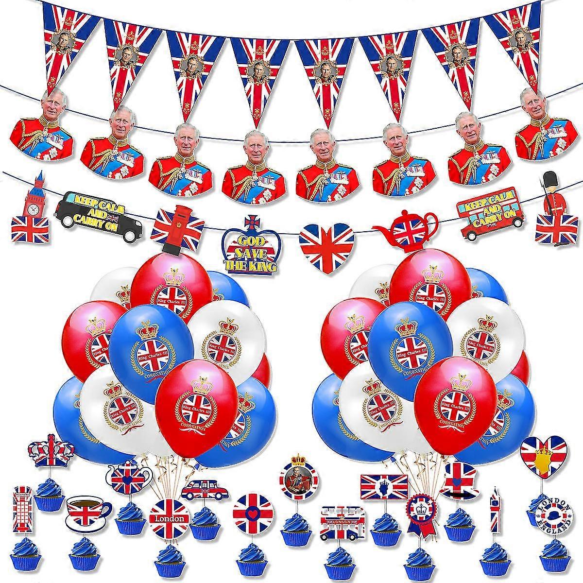 King Charles Iii Coronation Party Decoration Set Pull Flag Cake Insert Balloon Arrangement