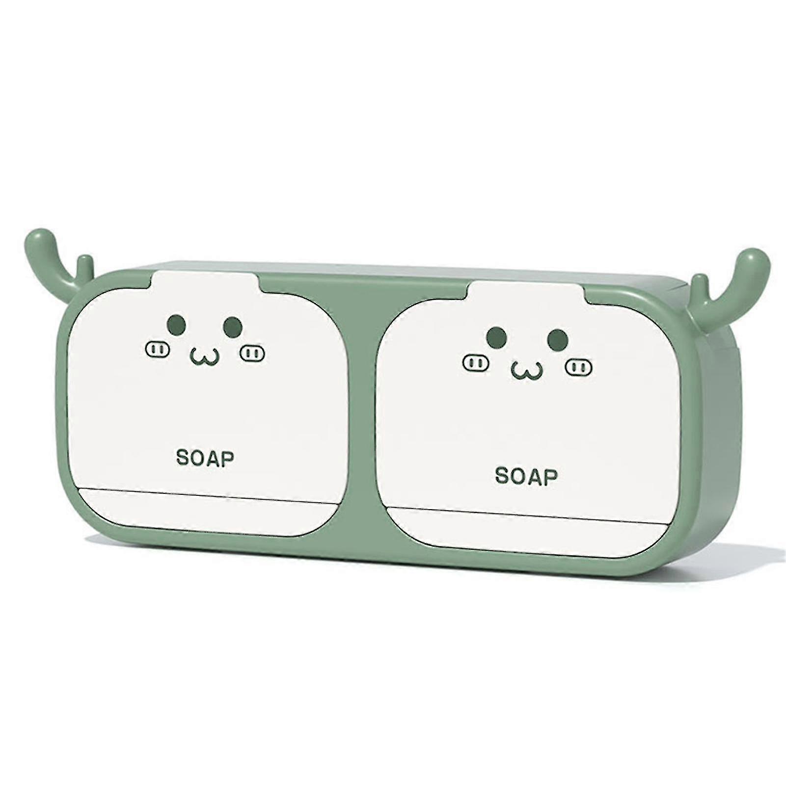 Cartoon Soaps Box With Lid Double Grid Soaps Draining Rack Wall Mounted Soaps Box For Kitchen