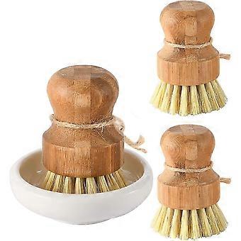 3 Pcs Bamboo Dish Scrub Brushes Kitchen Wooden Cleaning Scrubbers Set for Washing Cast Iron Pan/Pot, Natural Sisal Bristles