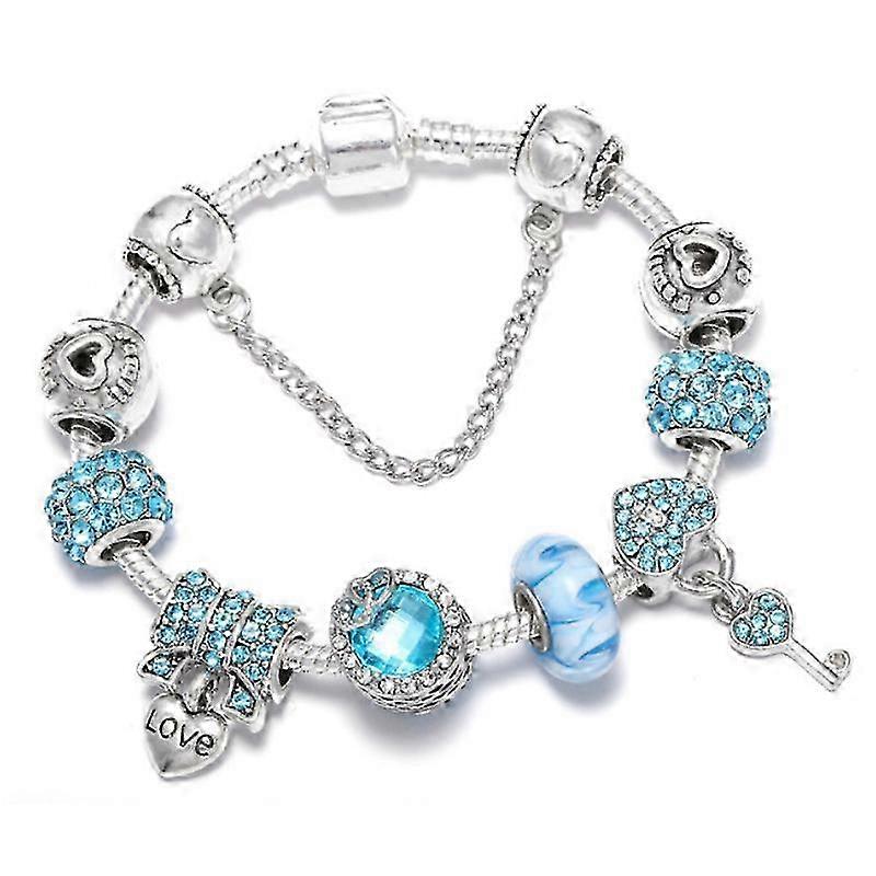 Pulseras Pandora Plata سوار سحر على الطراز الأبيض للنساء DIY مفتاح قفل القلب سوار قلادة رسالة الحب ، أزرق
