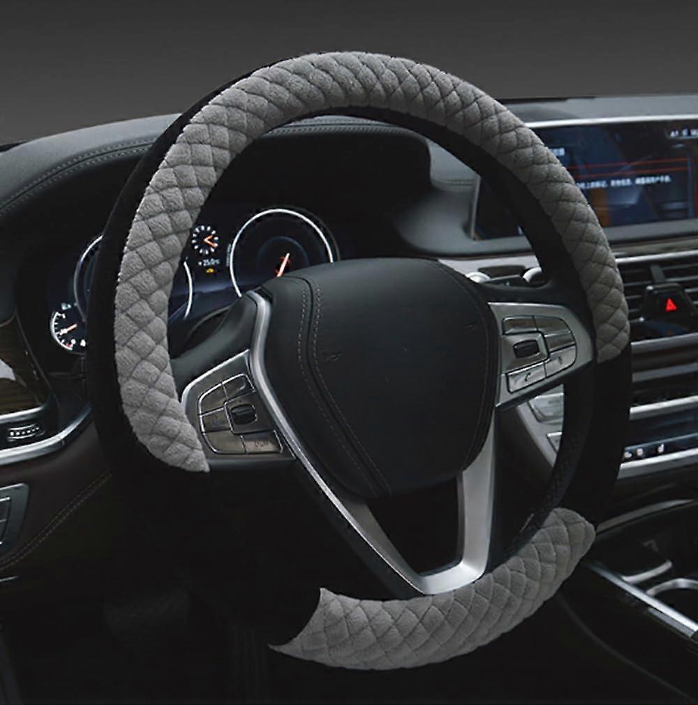 Winter 38cm Premium Soft Plush Steering Wheel Cover, Warm Gray High-Density Fur Protector, Universal Fit For Cars