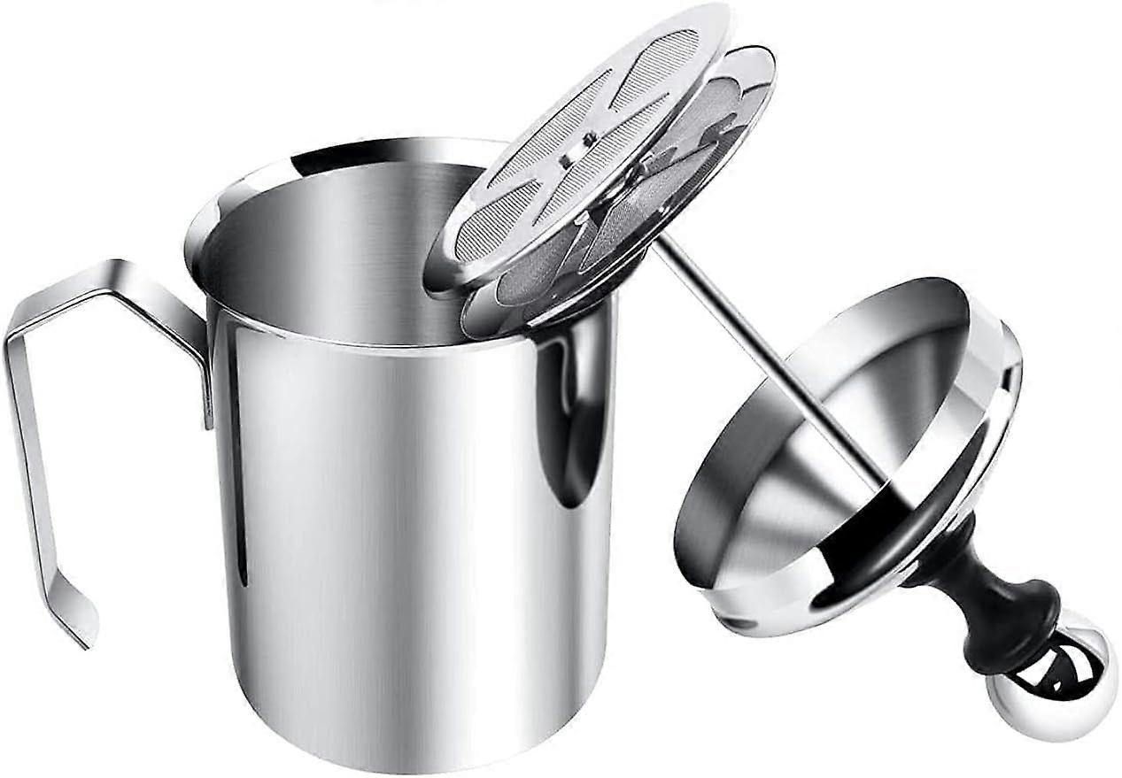 Stainless Steel Hand Pump Milk Frother with Filter Screen, 14oz Capacity for Cappuccino, Latte, and Hot Chocolate