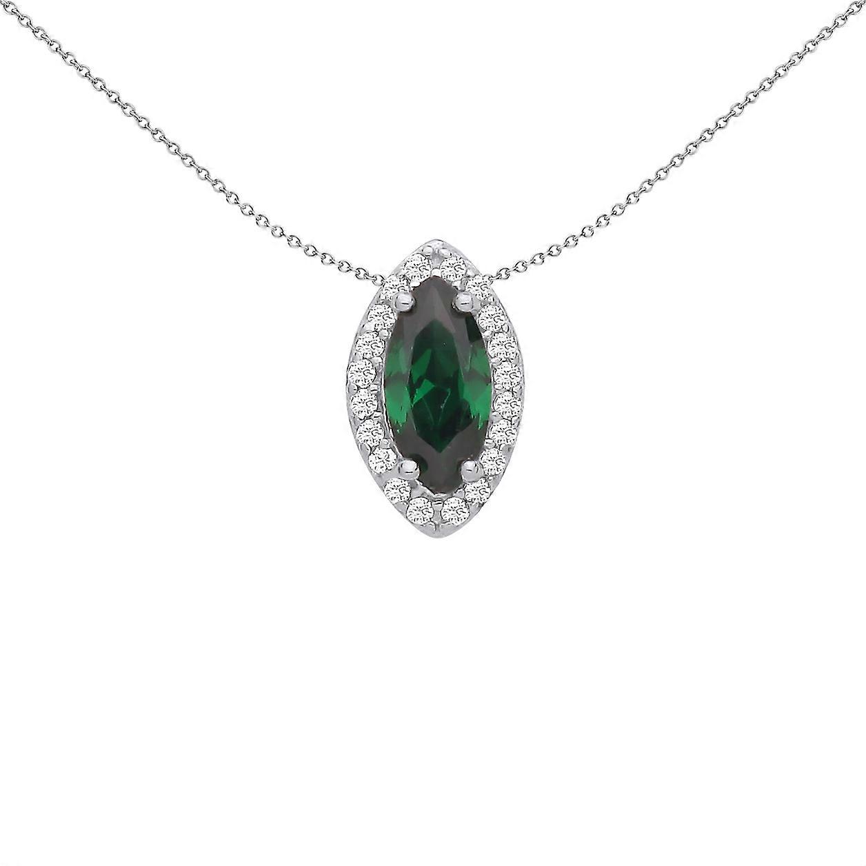 Jewelco London Ladies Rhodium Plated Sterling Silver Green Marquise CZ Cats Eyes Halo Cluster Pendant Necklace 18 inch