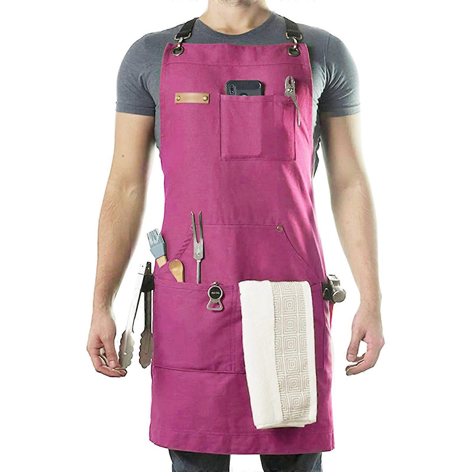 Stenffy Multifunctional Work Apron Durable Canvas, Adjustable Cross Back Straps, Multiple Pockets for BBQ, Cookingor Workshop Red
