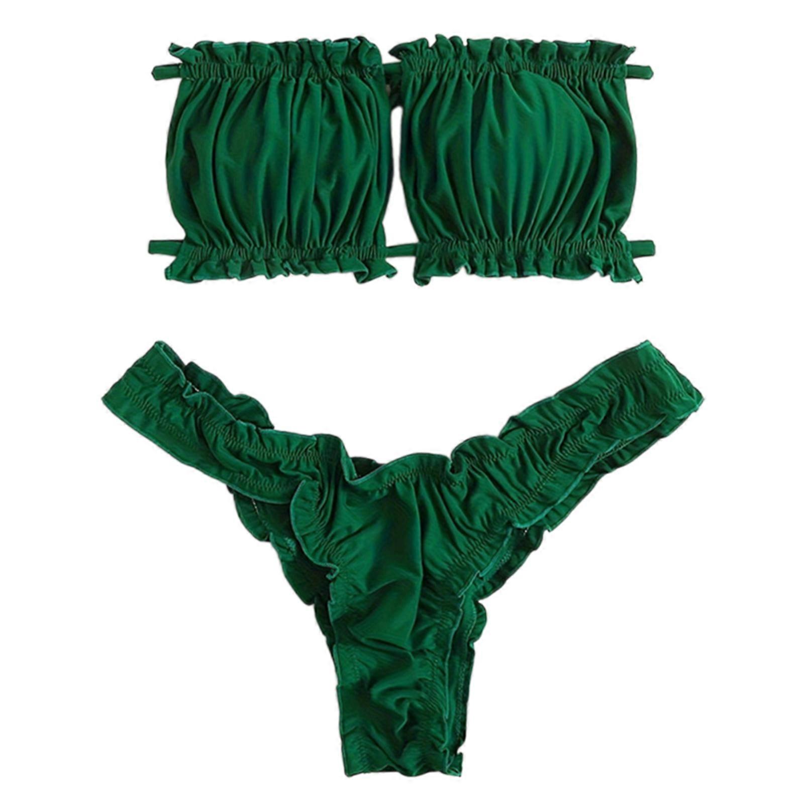 Femmes Bandeau Maillot De Bain À Volants Avec Dos Ajustable Lien Bandeau Maillots De Bain Sans Bretelles Rembourré Maillot De Bain Vert XL