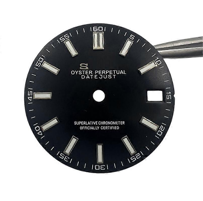 28.5MM Watch Dial for NH35/36/4R/7S Movement Full-point Numerals Scale Studs Green Luminous Accessories (Black Face Silver Studs)