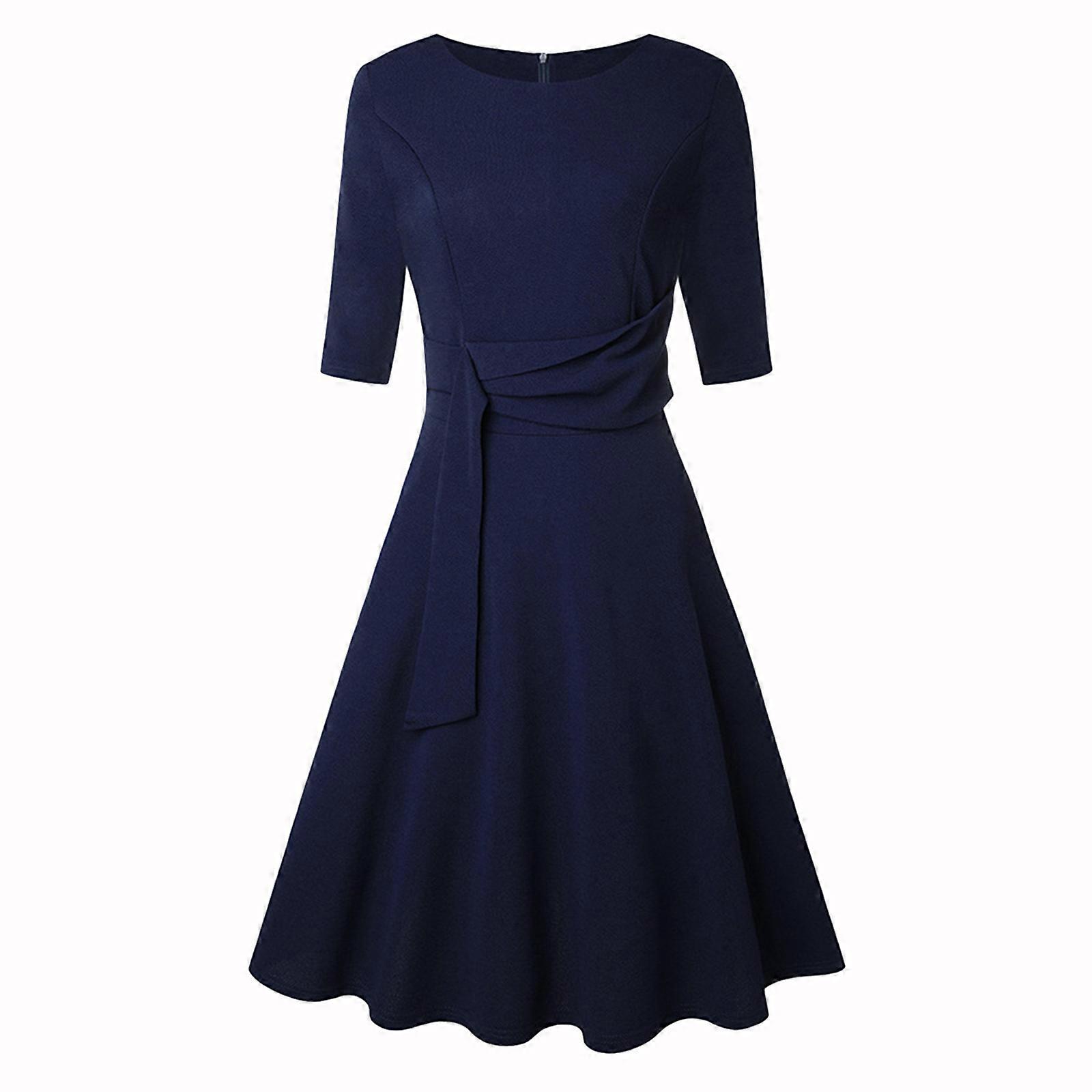 Women's Elegance Ruched Dress Round Neck 3/4 Sleeve Swing Midi A-line Dresses  Flowy Pleated Dress Dark blue M | Fruugo NO