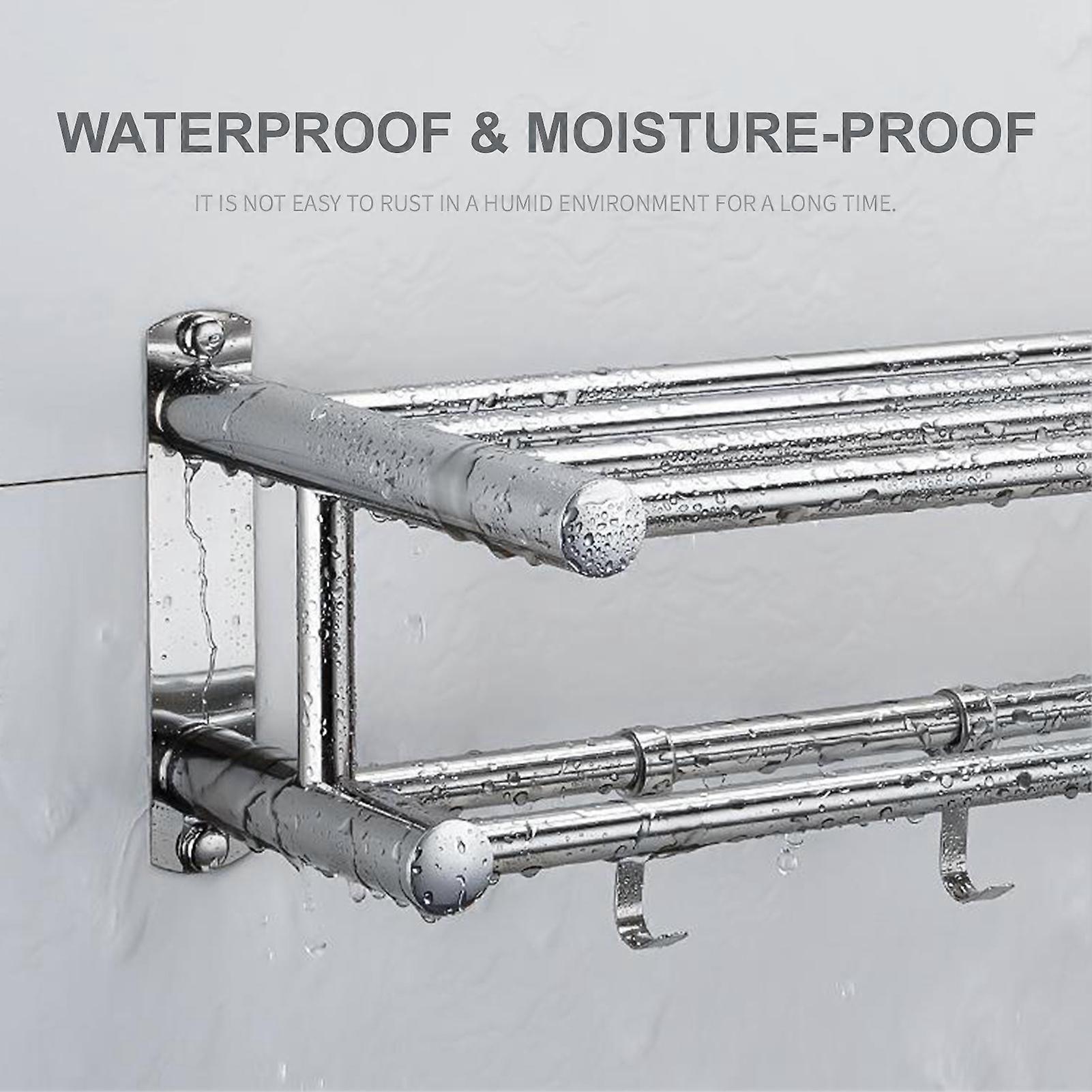 Bath Towel Rack Double Layer Bathroom Shelves with 4 Removable Hooks Wall Mounted Towel Rack Towel Bar 23 Inch Rustproof Stainless Steel Towel Shelf