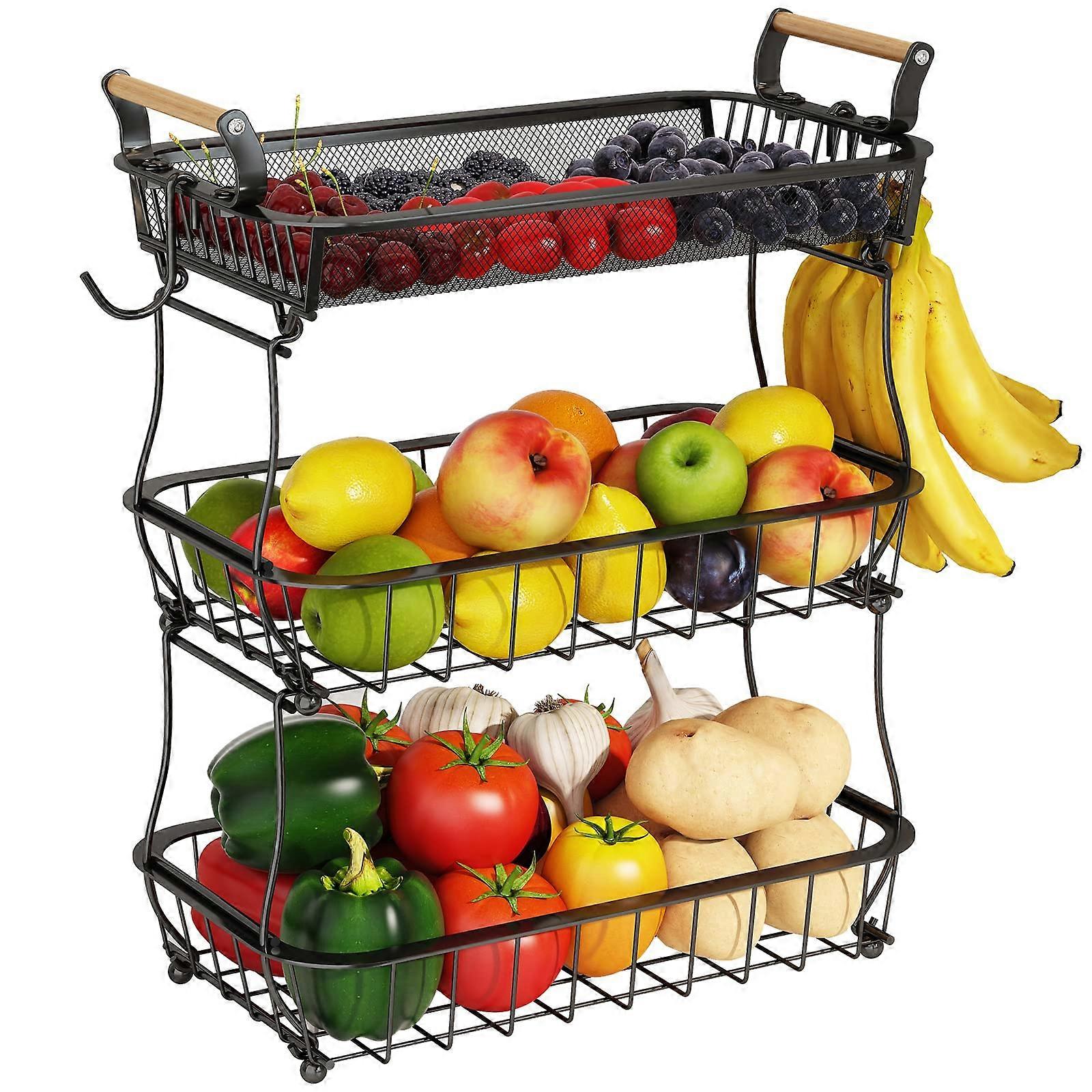 3 Tier Fruit Basket with 2 Banana Hangers, Metal Mesh Vegetable Bowl for Kitchen Counter, Large Produce Holder & Organizer