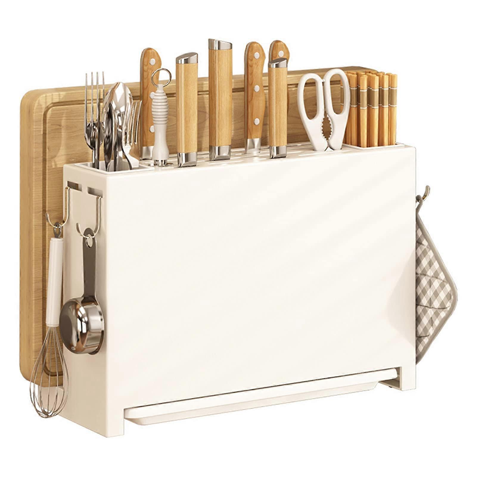 Metal Knife Rack with Integrated Chopsticks and Cutting Board, High Capacity Drip Holder for Countertop, Multipurpose Organizer in White