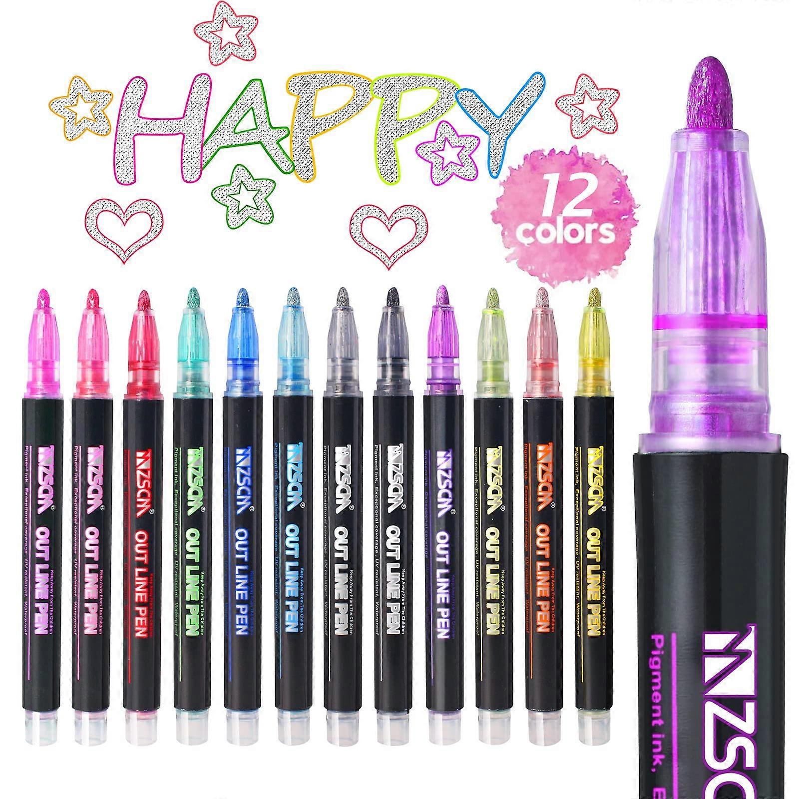 ZSCM Super Squiggles Outline Metallic Marker Pencils, Valentine's Day gifts for class, double striped glow marker