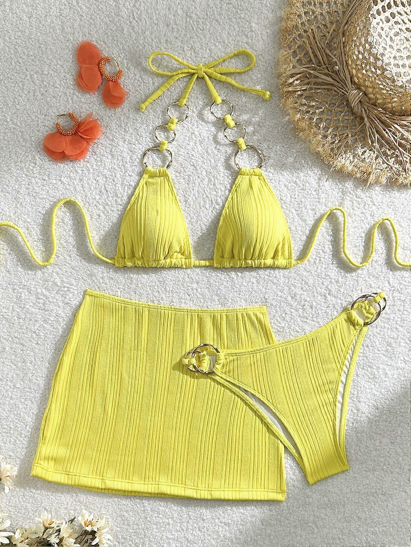 Women's Yellow Ring-Linked Bikini 3-Piece Set Triangle Halter Top with Mini Skirt Cover-Up Sexy Summer Beachwear