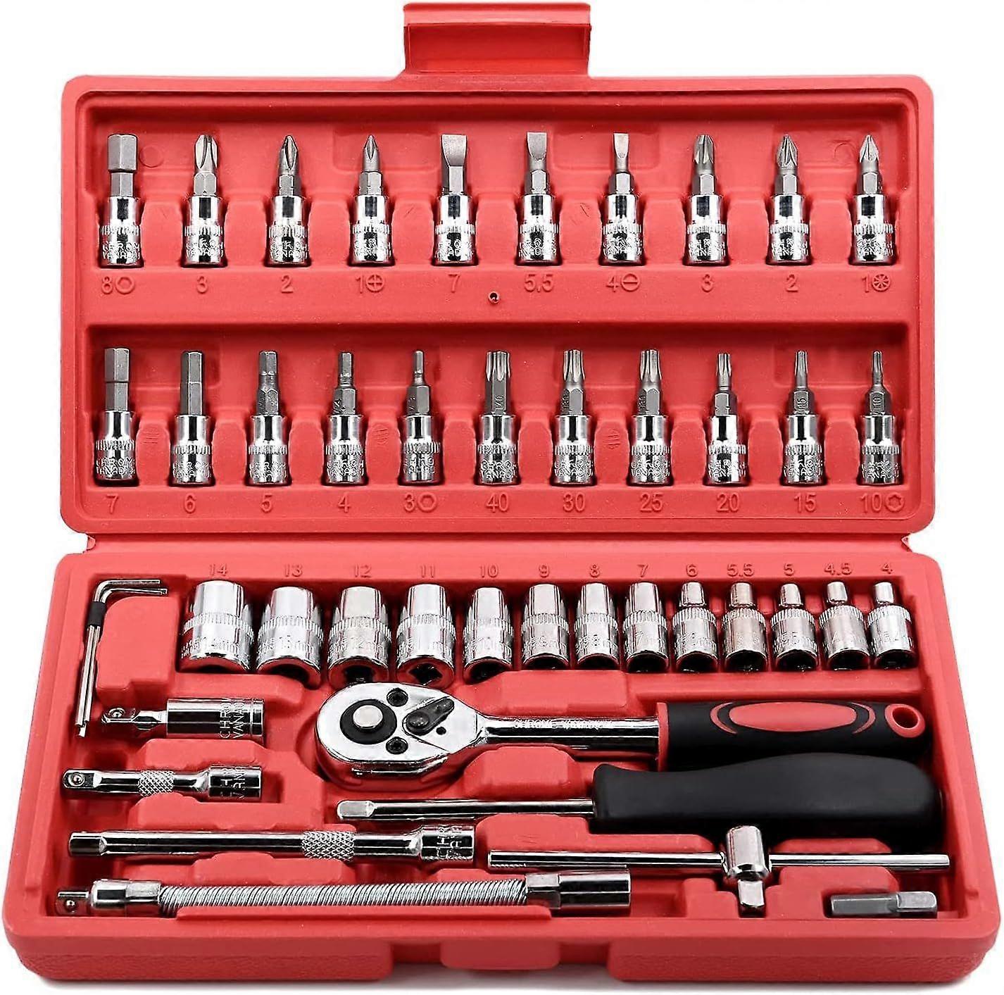 46 kusů 1/4" Pouce Cl Douille et Embouts Bits Mtrique Ensemble Tiges D'Extension Flexibles s Cl Cliquet Rversible, Bricolage pour Moteur, Vlo, V