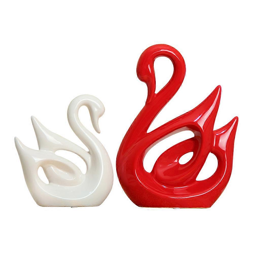 2Pcs Red and White Swan Sculptures for Minimalist Home Living Room Decorations