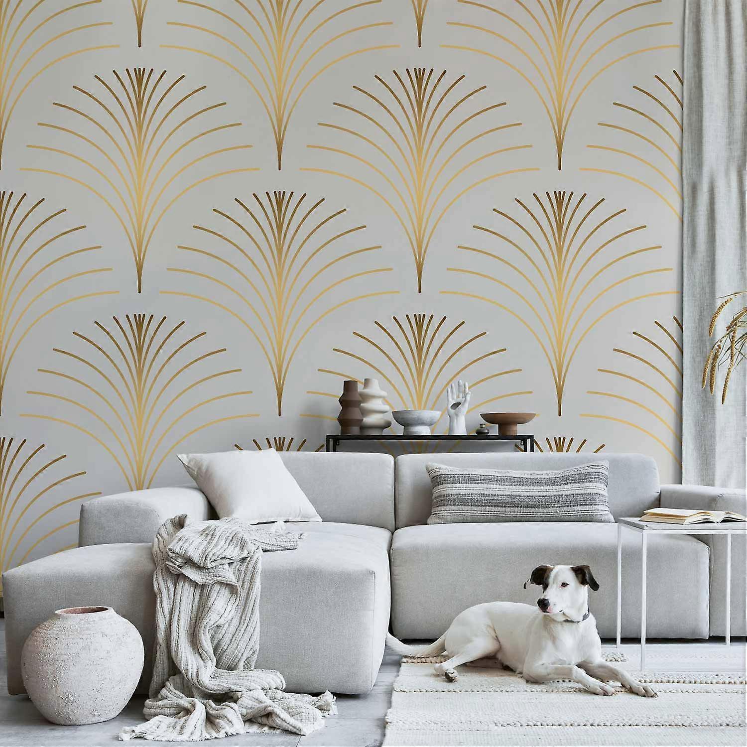 Self-adhesive wall mural - Golden linear pattern on marble base