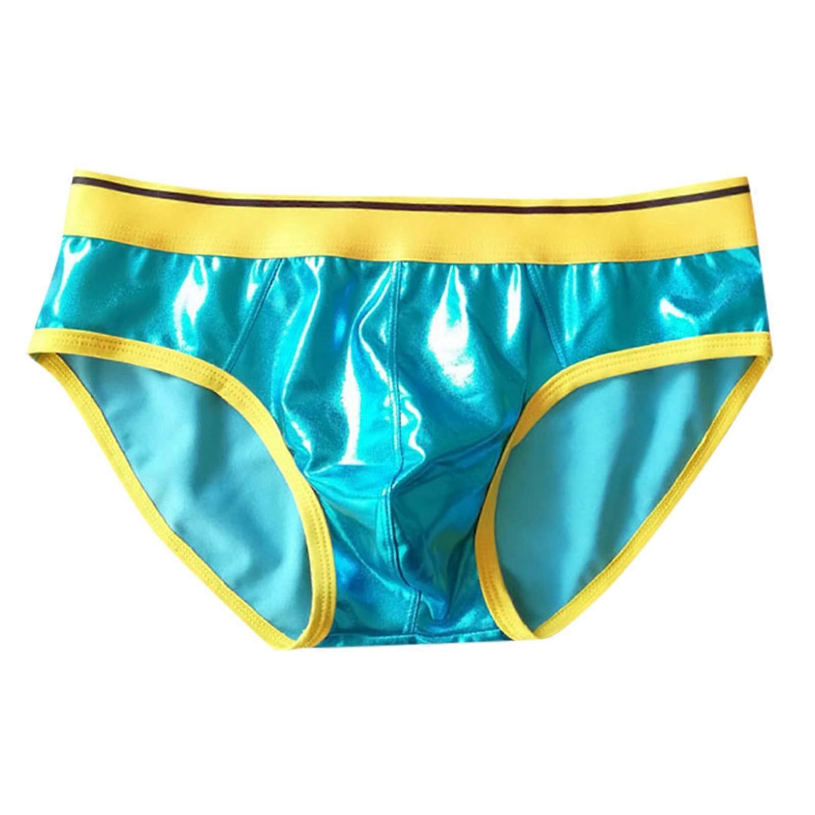 Latex Trousers for Men Blue XL Faux Leather Open Underwear Erotic Lingerie Wetlook Briefs with Bulge Boxer Shorts A15