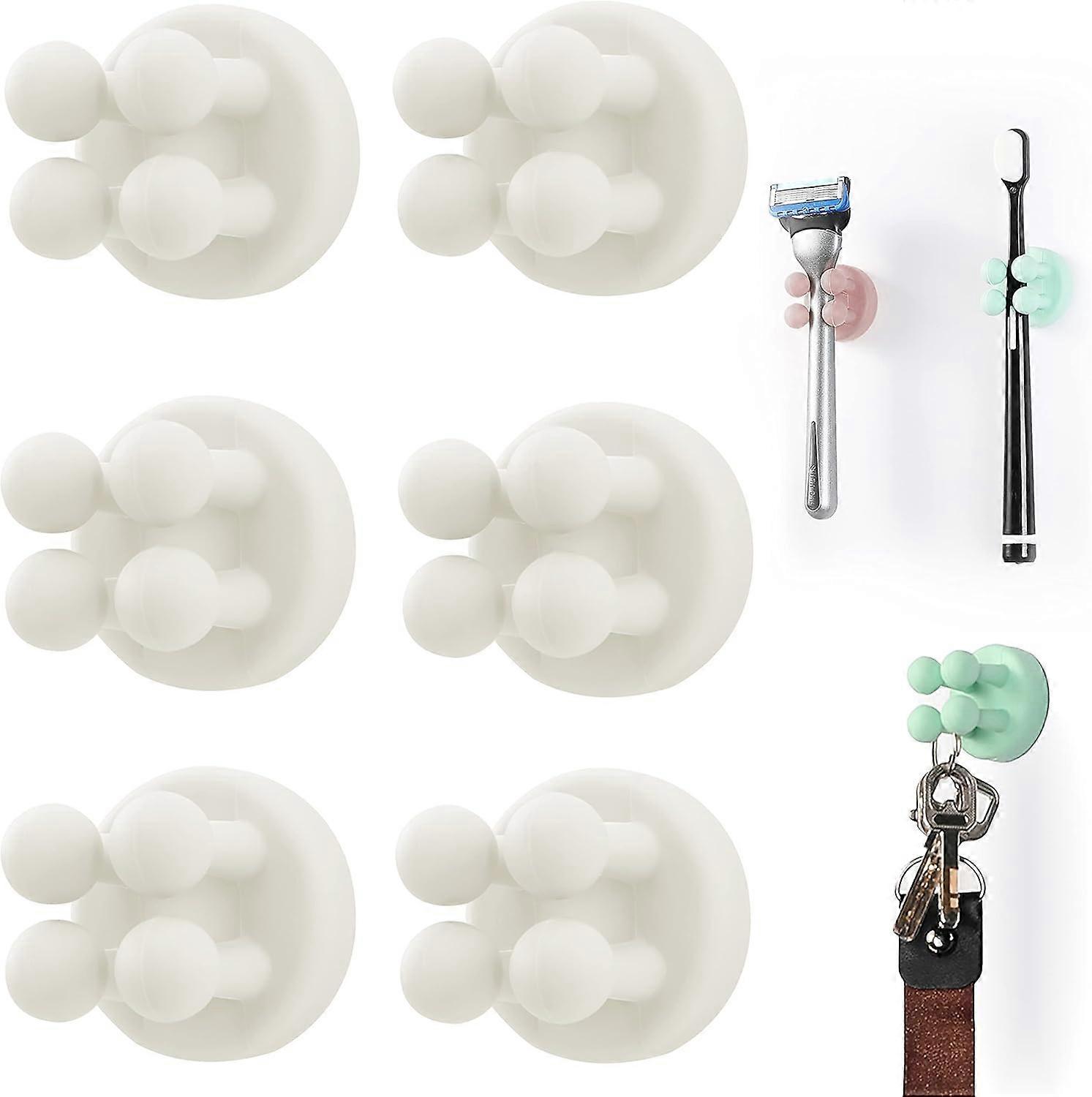 6 Pcs Silicone Toothbrush Holders Multi-Function Hook Razor holder Waterproof Self Adhesive Wall Mounted Single Hook,white