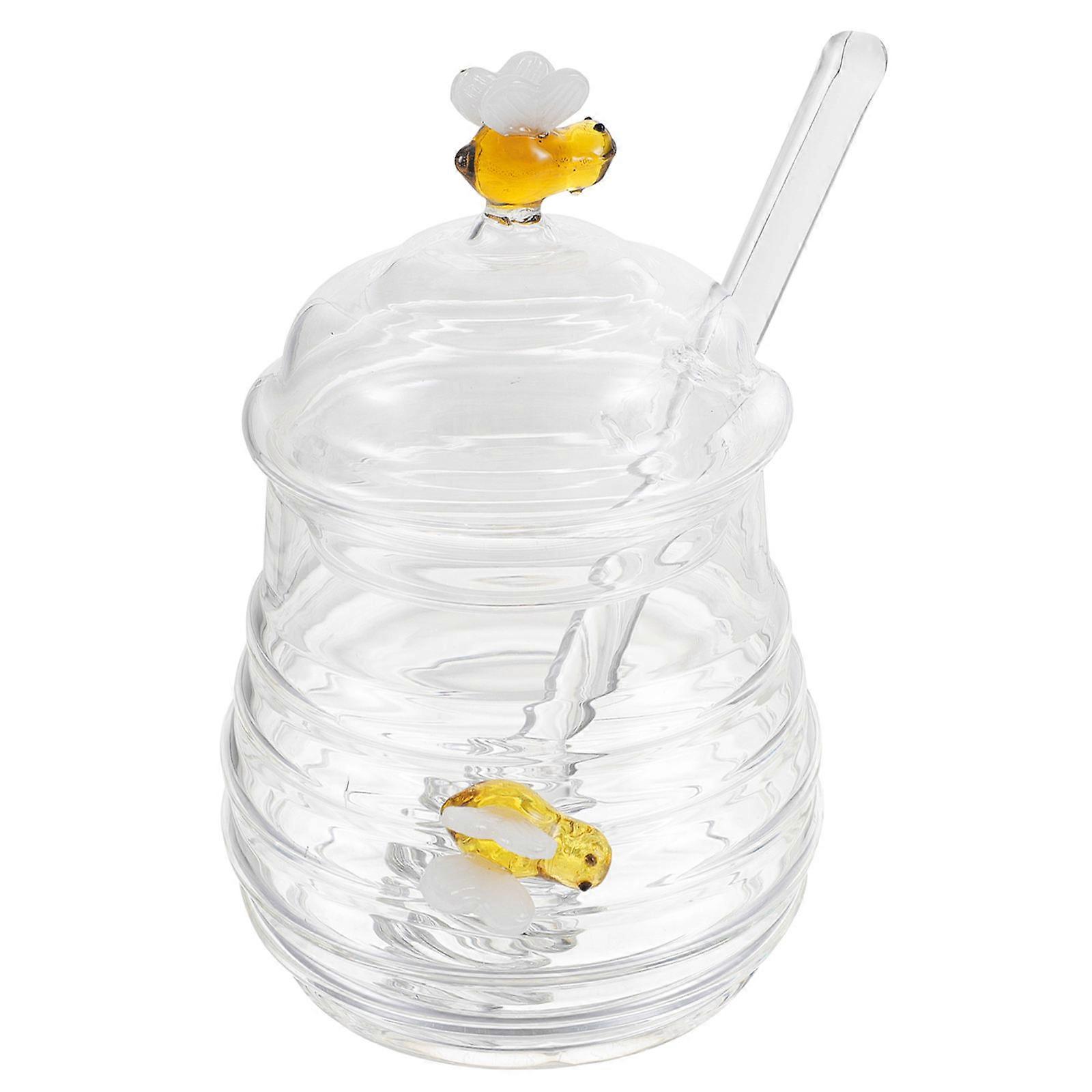 Glass Honey Pot With Dipper And Lid For Kitchen Decor Round Shape Clear Design 1 Set