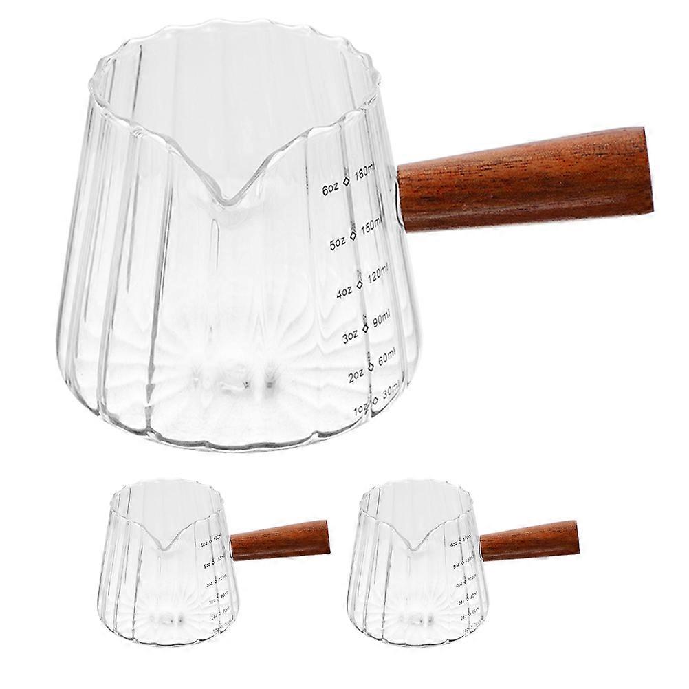 3pcs Espresso Measuring Cups with Wood Handle, Mini Milk Frothing Pitcher for Portable Coffee Brewing Tools