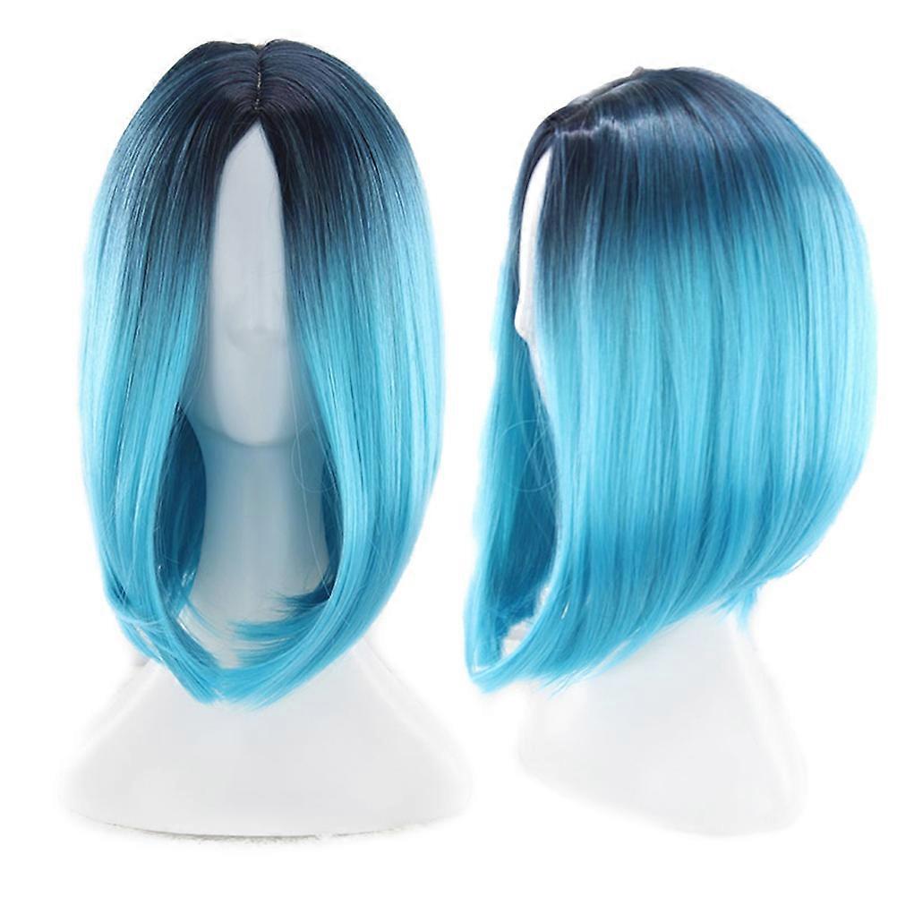 Womens Bob Style Wig Gradient Blue Synthetic Fiber Natural Looking Ventilative Halloween Cosplay Short Straight 1Set