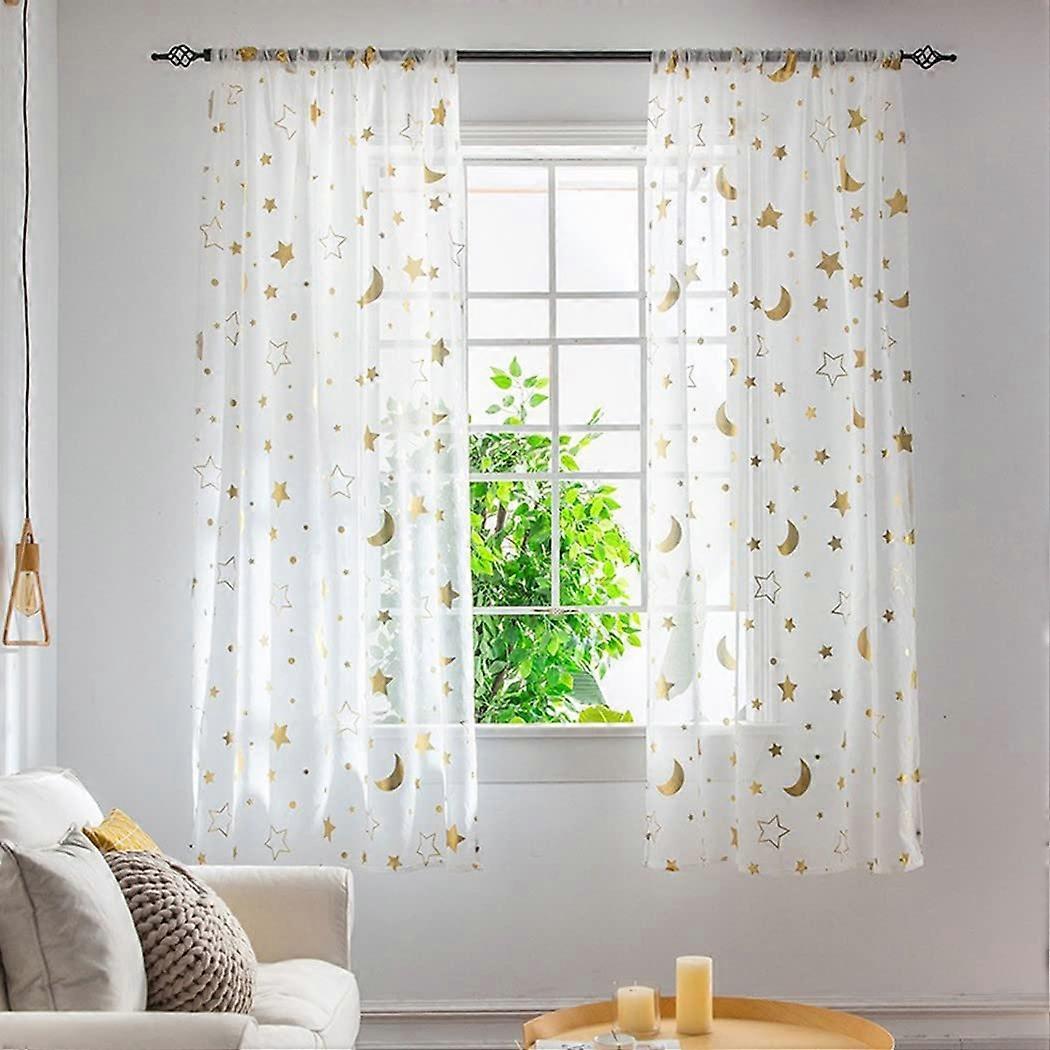 Semi Sheer Window Curtains 1 Meter Long For Girls Room Moon And The Stars Pattern Tulle Voile 1 Panel 1 Meter By 1 Meter