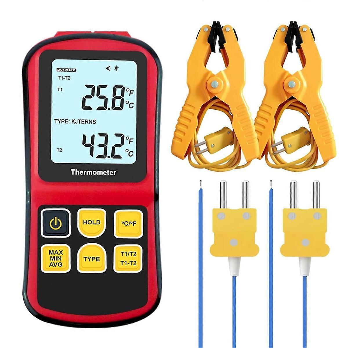 Thermocouple Thermometer Digital K Type Thermometer,with 2 Temperature Clamp 2 Wired Thermocouple Probes