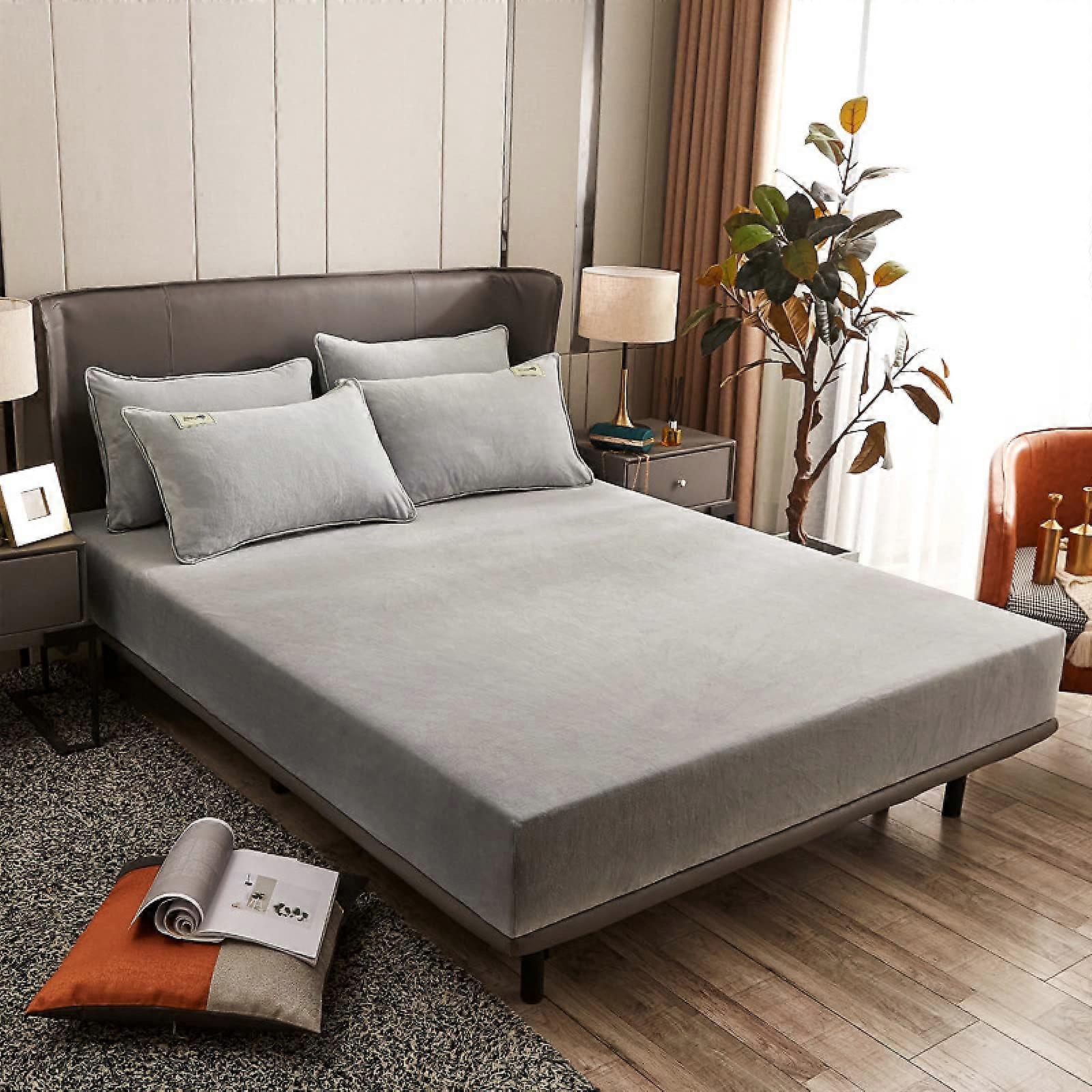 Small Double Bed Mattress Protector AntiSlip Deep Pocket 150cm x 200cm Grey Solid Color Warm Crystal Fleece