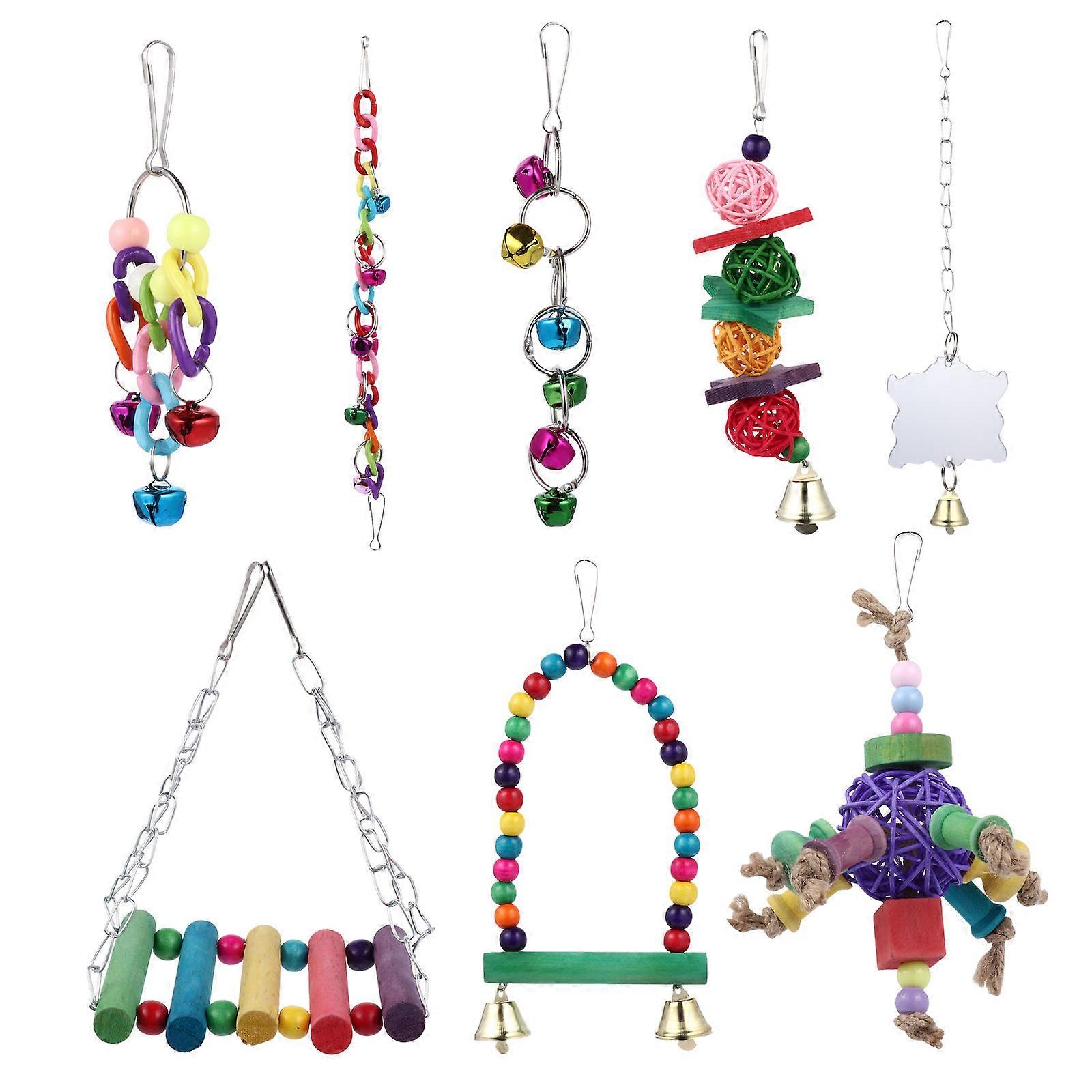 Pet Parrot Toy Hanging Bird Hammock Swing Mirror Bell Chewing 16Pcs